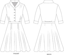 Load image into Gallery viewer, Black and white flat line pattern drawings of front and back view of 247 Lindy Shirtdress

