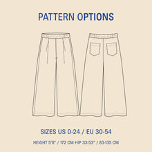 Load image into Gallery viewer, Outline of a pair of pants with pattern options text on a beige background
