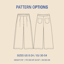 Load image into Gallery viewer, Outline of a pair of pants with pattern options text on a beige background
