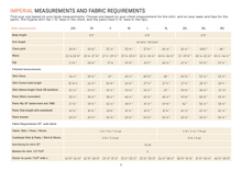 Load image into Gallery viewer, A printed measurement chart titled 'IMPERIAL MEASUREMENTS AND FABRIC REQUIREMENTS' showing body measurements and fabric needs for sizes 2KX through 44LXL, with a small illustration of a shirt and pants at the top.
