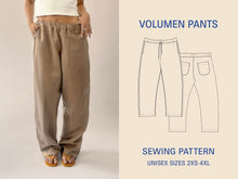 Load image into Gallery viewer, Volumen pants with a person wearing them and a sewing pattern illustration on a beige background.
